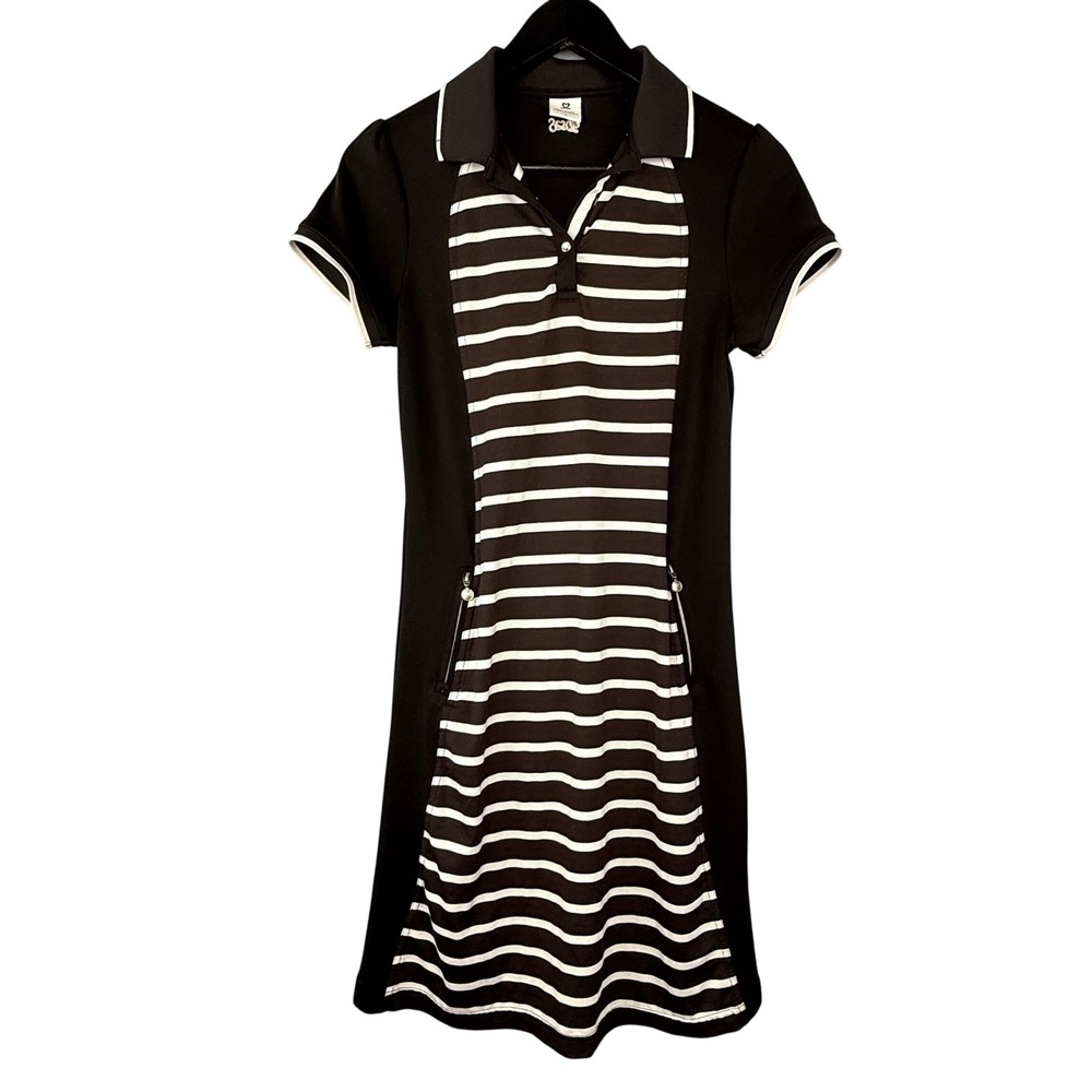 Daily Sports Sweden Polo Dress Womens S Black White Striped Short Sleeve Golf